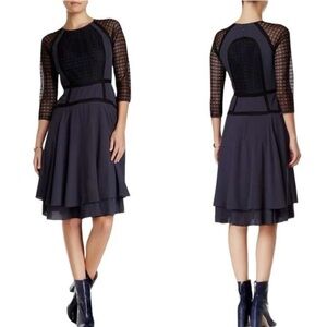 Rebecca Taylor Women's  Storm Grey Crochet Crepe‎ Lace Dress Size 6 Silk Tiered